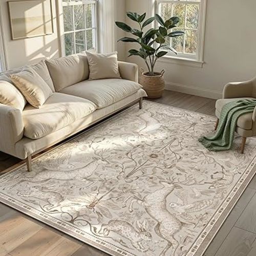 Lahome 5x7 Washable Area Rugs, Dorval Boho Deer Rugs for Living Room, Neutral Botanical Non Slip Low Pile Soft Carpet for Bedroom Dining Room Nursery Office Home Decor Beige