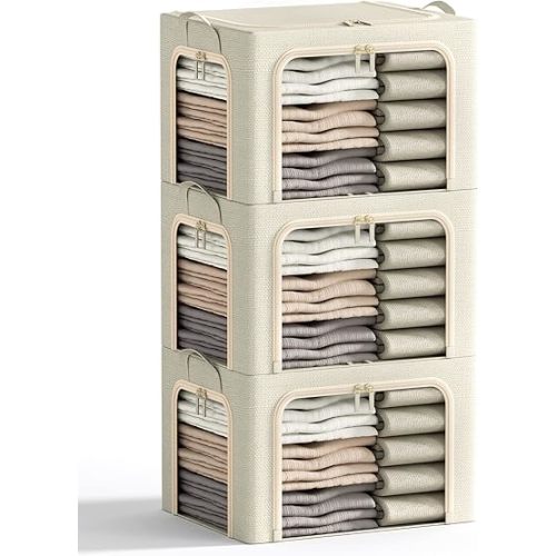 3 Openings Clothes Storage Bins with Metal Frame, Foldable Storage Bin for Clothes, Clothing Storage Bins with Lid, Linen Storage Box With Clear Window＆ Zippers＆ Durable Handles.(3 Pcs,Beige,40L)