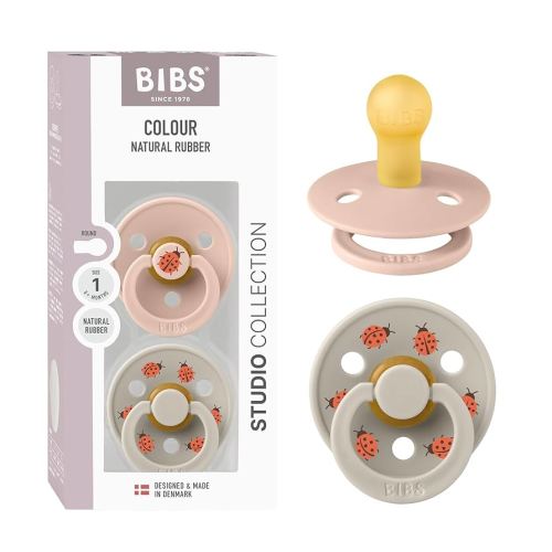 BIBS Colour Studio Soother 2-Pack, BPA Free Dummy Pacifier, Round Nipple. Natural Rubber Latex, Made in Denmark, Size 1 (0-6 Months), Blush/Sand