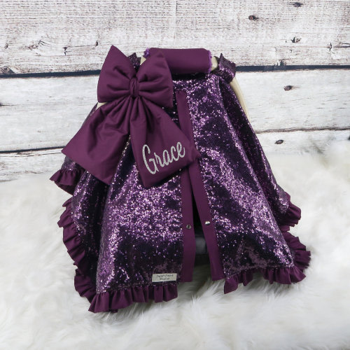 Baby Car Seat Cover - Solid Eggplant w/ Purple Glitz Sparkle - Personalized Baby Shower Gift - Baby Girl Car Seat Canopy - Personalized Bow