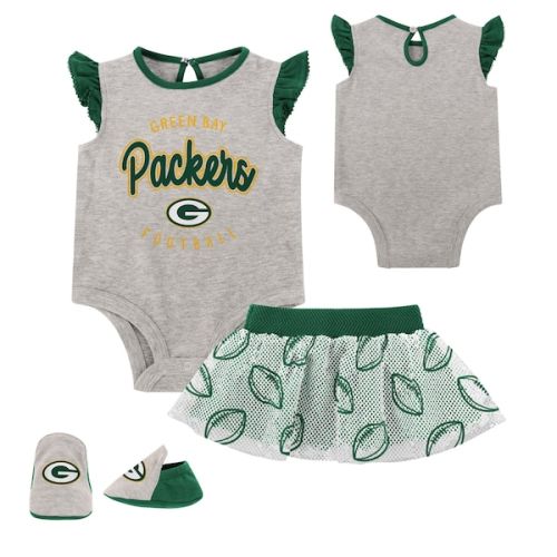 Green Bay Packers Newborn All Dolled Up Three-Piece Bodysuit, Skirt & Booties Set - Heather Gray