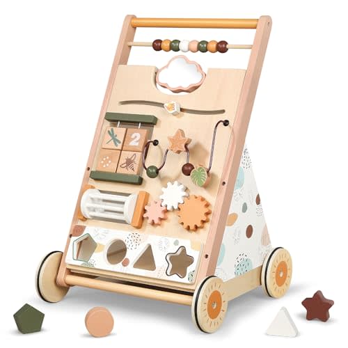 Joyreal Wooden Baby Walker Push Toys - Adjustable Speed Push Walker with Wheels and Learning Activity Center - Neutral Color Montessori Toys for Baby Boys and Girls Birthday Gifts