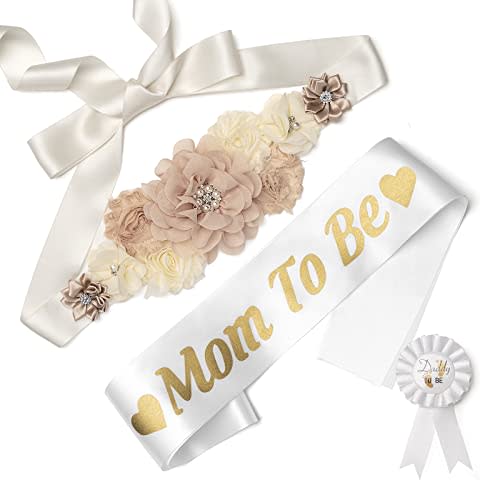 Mom to Be Sash Baby Shower Decorations Set, Gender Reveal Party Gift for Expectant Parents, Dad to Be Pin Mommy Maternity Belly Band (Khaki & White)
