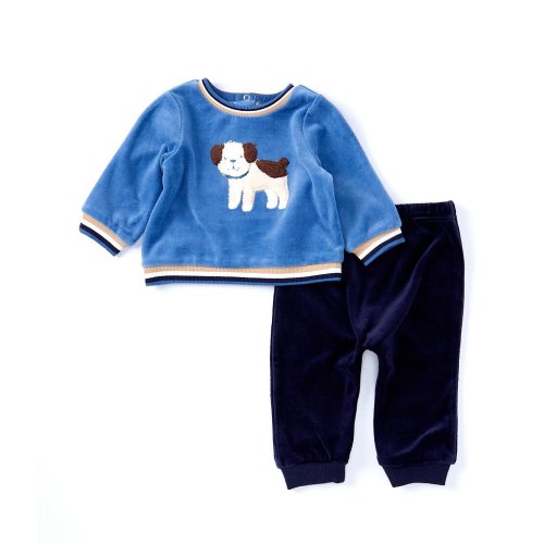 Little Me Baby Boys 3-12 Months Long Sleeve Fluffy Puppy Appliqued Velour Sweatshirt & Solid Velour Jogger Pant Set