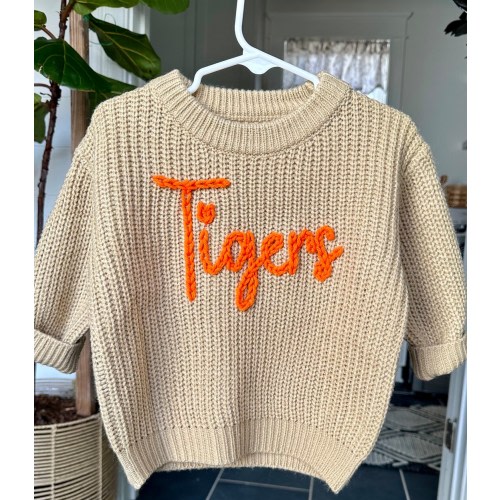 Clemson Tigers Sweater for Toddler, Baby or Adult Women | Tigers Football | Collegiate Sweatshirt | Hand Embroidered Oversized Chunky Knit