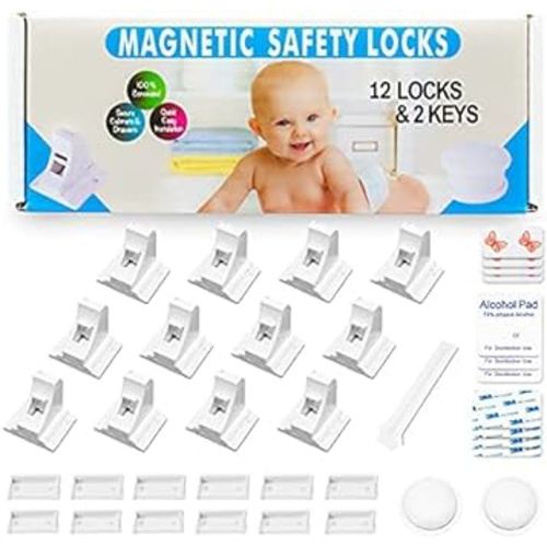 Eco Baby Magnetic Cabinet Locks for Babies - Magnetic Baby Proofing Cabinet Locks, Child Locks for Cabinets Drawers Doors for Back to School - Easy Installation No Tools Required (12 Pack and 2 Keys)