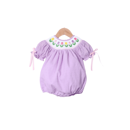 Smocked Tulips Lavender Swiss Dot Bubble