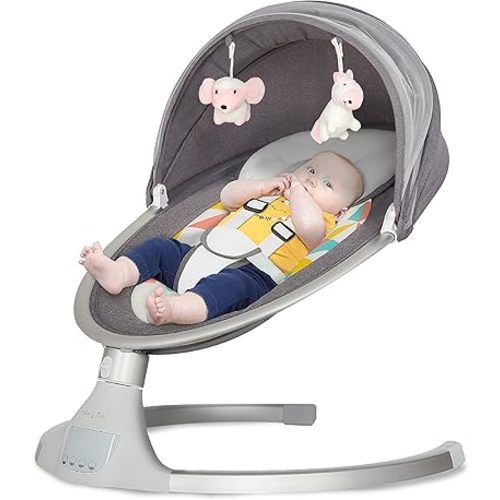 Zazu Baby Swing, Baby Swing for Infant, 5- Swinging Speed, Two Attached Toys, Bluetooth Enabled and Remote Control, Grey and Pink