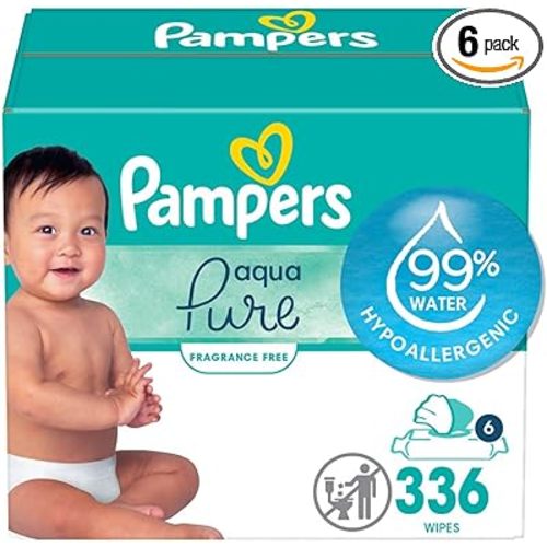 Pampers Baby Wipes Aqua Pure, 99% water-based wipes, Hypoallergenic and Unscented Infant Wipe, 336 Total (6 Flip-Top Packs)