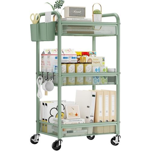 YASONIC 3 Tier Rolling Cart – Metal Utility Storage Carts with Wheels, Craft Carts Organizer with Hanging Cups, Hooks, Mesh Basket for Bedside Kitchen Office Art, Green