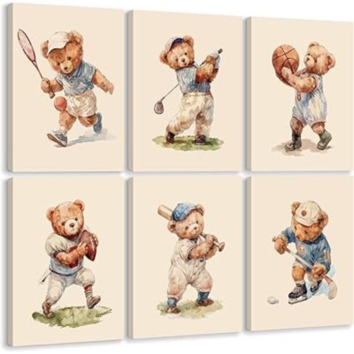 Olctedo Nursery Bear Wall Art Boy Sports Canvas Wall Decor Baby Nursery Prints Vintage Teddy Bear Poster Boy Room Wall Art Kids Animal Pictures Painting for Bedroom Playroom 8x10x6 Inch Ready to Hang