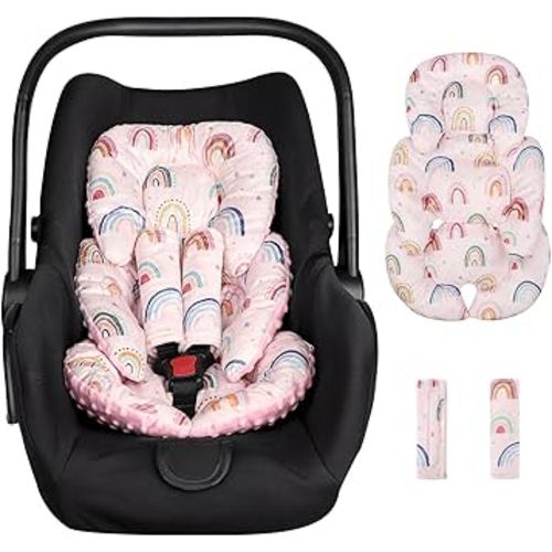 Infant Car Seat Insert, Car Seat Head Support Baby Girls Boys, Soft & Reversible Newborn Carseat Insert Cushion with 2 Strap Covers, for Stroller, Swing, Bouncer (Pink Rainbow)
