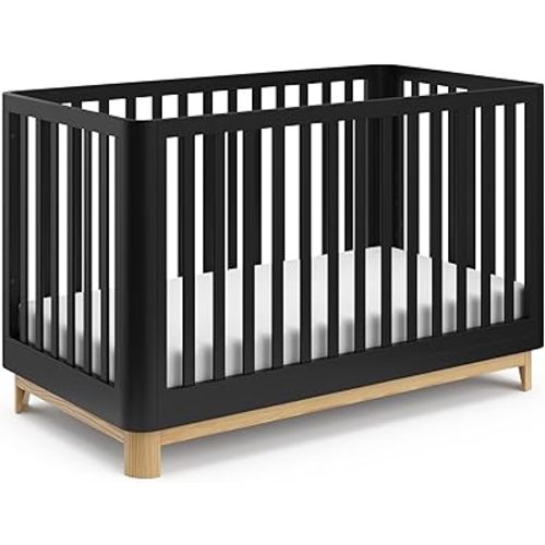 Storkcraft Santos 3-in-1 Convertible Crib (Black with Natural) – GREENGUARD Gold Certified, Fits Standard Crib Mattress, Converts to Toddler Bed and Daybed, Rounded Details, Designer Edition