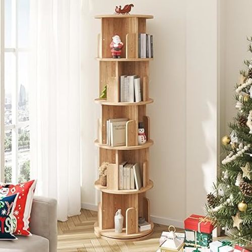 oneinmil Rotating Bookshelf, Solid Wood Bookshelf, 360° Rotating Bookcase for Small Space, Corner Bookcase for Bedroom, Living Room, Study Room, 5 Tier, Burlywood