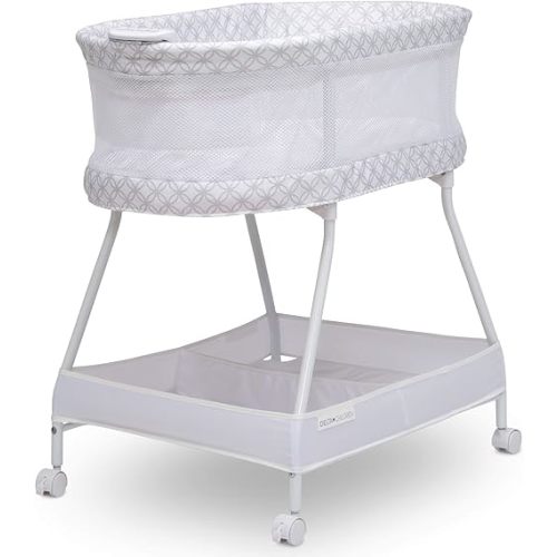 Delta Children Sweet Dreams Bassinet with Airflow Mesh Bedside Portable Crib with Vibration Lights and Music, Grey Infinity
