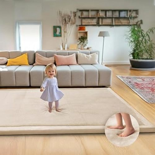 Mallify Ultra Soft 1.3" Thick Baby Play Mat for Floor, Large Velvet 59"x79" Playpen Mat, Baby-Safe & Non-Slip Tummy Time Mat, Crawling Mat for Babies, Toddlers, Infants, Kids, Easy Care, Beige