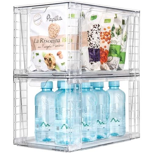 2Pack Large Stackable Kitchen Storage Drawers, Clear Foods Organizer Bins with Handles, Easily Assemble for Bathroom, Kitchen, Pantry, Cabinet, Closet(XL-UP Handle)