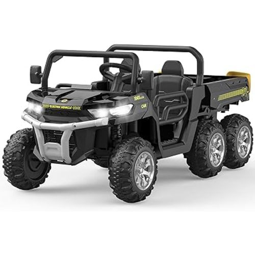 Hetoy 24V 2 Seater Ride On Dump Truck with Remote Control, Electric UTV Car with Electric Dump Bed, 4WD Power Ride Cars W/6 Wheels Ride On Toys for Boys Girls (Black)