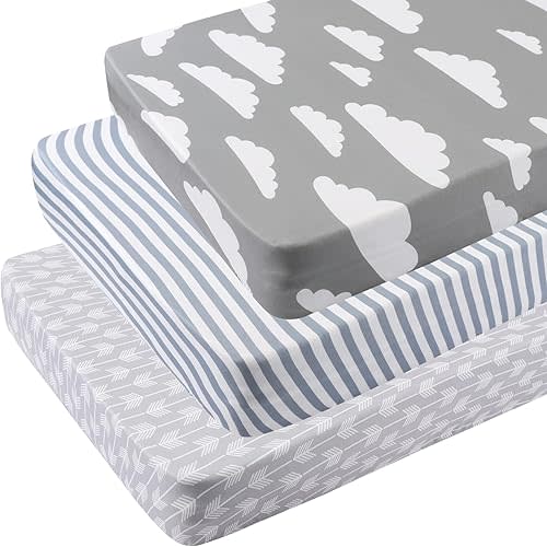 Pack n Play Sheets 3 Pack Jersey Knitted Mini Crib Sheets Playard Mattress Cover Clouds Stripes Arrow