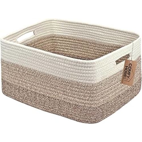 COMFY-HOMI Cotton Rope Woven Basket with Handles for Shelves,Toys,Book, Cloth Storage Baskets for Organizing-17" x 13" x 7.5" Toy Decorative Organizer for Living Room, Bathroom （white/3 brown）