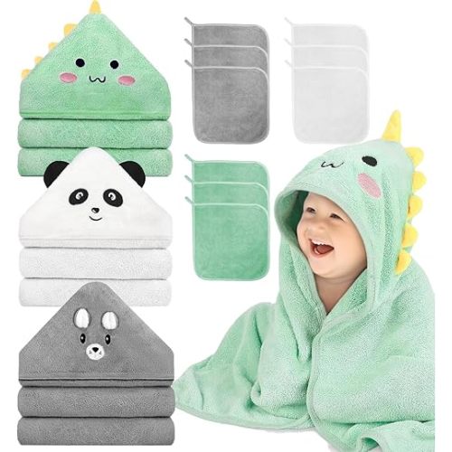 12 PCS Hooded Baby Towel Set, 32x32 Inch Absorbent Baby Bath Towels, 3 PCS Soft Hooded Towels & 9 PCS Washcloths, Ideal for Newborns, Toddlers, and Babies – Baby Bath Essentials (Green + Gray + White)