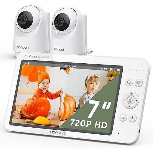 bonoch MegaView Baby Monitor with 2 Cameras, 7" 720P HD Split Screen Baby Monitor No WiFi, Video Baby Monitor with Camera and Audio, 6000mAh, VOX Mode, 2 Way Audio, Remote PTZ, Auto Night Vision