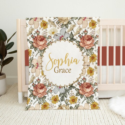 Personalized Floral Baby Blanket, Baby Girl Blanket, Baby Girl Crib Bedding, Baby Shower Gift, Vintage Floral Crib Bedding, Floral Nursery