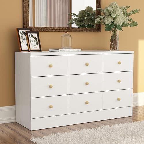 White Dresser for Bedroom 9 Drawer Dresser, Chest of Drawers Wide Dresser with Wood Knobs, Modern Dresser Drawer Chest, Living Room Hallway, Wood Grain, 15.7”D x 47.2”W x 27.6”H