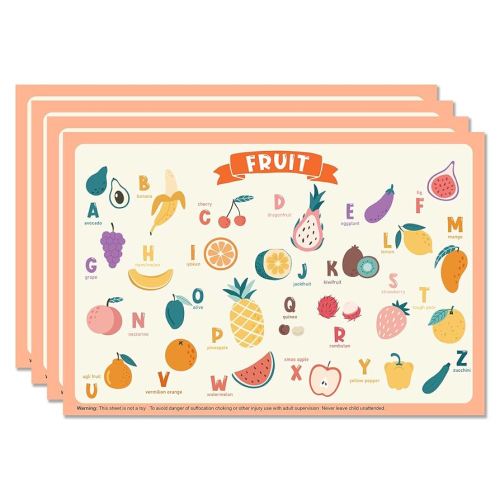 60 Pack Disposable Placemats for Baby & Toddle, 12" x 18" Restaurant Table Mats, Sticky Kids Placemat for Picnic Table, Party, Travel, Fruit Alphabet Theme