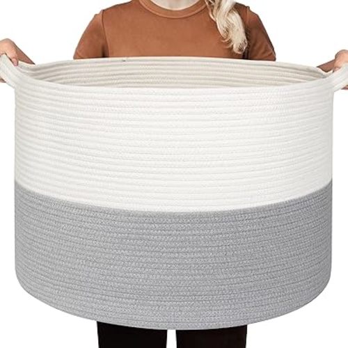 Extra Large Blanket Storage Basket for Living Room - 22" x 22" x 14" Woven Cotton Rope Baskets for Organizing, Wicker Kids Dog Toy Bin Box, Big Throw Pillow Holder Organizer, Towel Shoe Bin