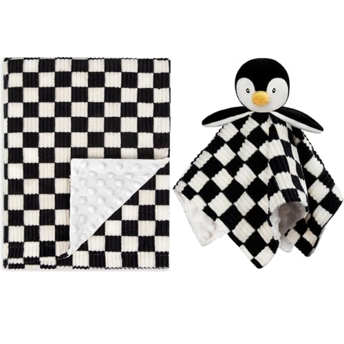 BEILIMU Baby Blanket+Baby Security Blanket Durable Corduroy Toddler Blanket with Double Layer Dotted Backing Checkerboard Grid Chessboard Gingham Warmer Bed Blankets for Newborn Infants Black