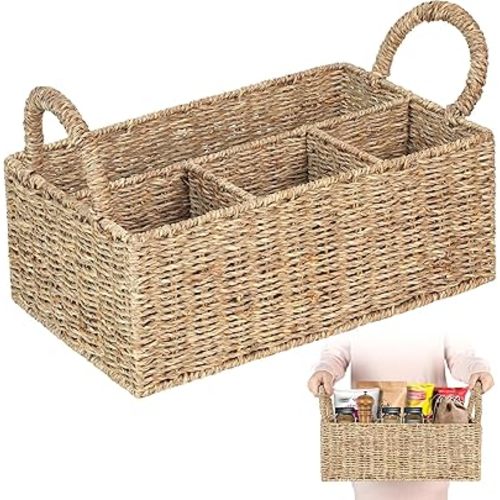 Wicker Divided Baskets with Handles, Seagrass Pantry Baskets, Storage Basket Woven Natural for Organizing Bathroom Kitchen Shelves Office Supplies Organization, Wicker Storage Baskets 4 Section.