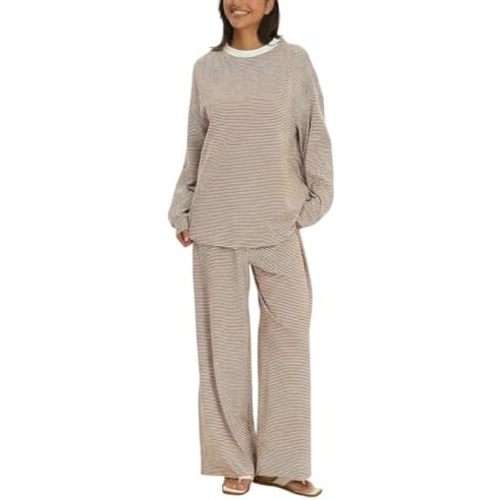 Women's 2 Piece Striped Lounge Set Loungewear Long Sleeve Tops and Wide Leg Pants Casual Matching Set Pajamas Set