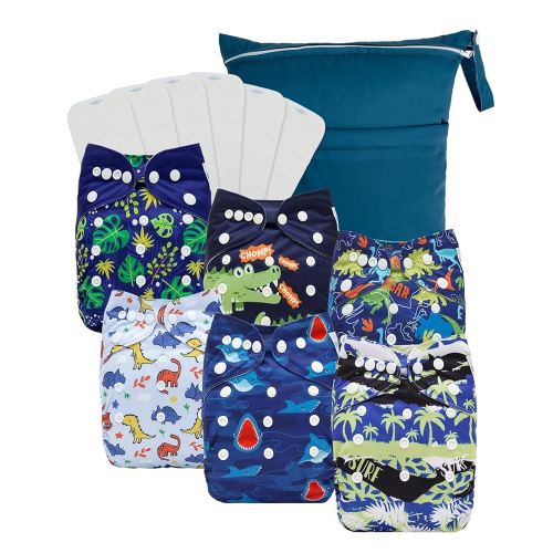 Babygoal Baby Cloth Diaper 6 Pack with 6pcs Inserts and Wet Bag for Fitted Diapers and Prefolds, Adjustable and Reusable Covers for Toddler Boys and Girls