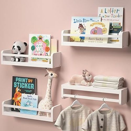 Dual-Guard Nursery Book Shelves Set of 4, Wood Floating Shelves for Nursery Room Wall Decor, Wall Mount Kids Bookshelf for Baby Bedroom Storage, Toddler Toy Hanging Wall Organizer - White