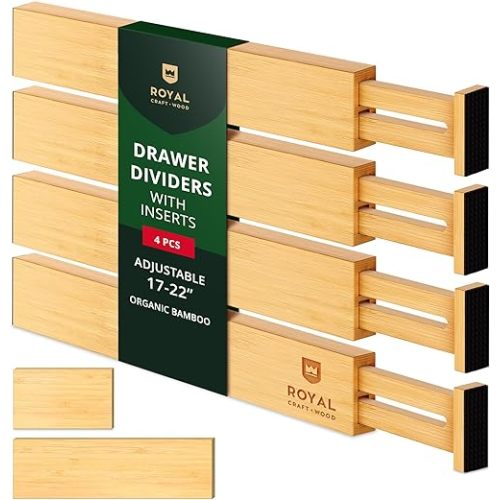 ROYAL CRAFT WOOD Adjustable Bamboo Drawer Dividers Organizers (17" - 21.5") with Inserts - Expandable Drawer Organization Separators for Kitchen Large Utensils, Clothes, Bedroom, 4-Pack