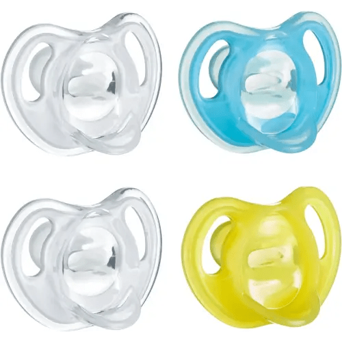 Tommee Tippee Ultra-Light Silicone Pacifier, 6-18 Months, Symmetrical One-Piece Design, BPA-Free Silicone Binkies, Clear/Blue/Yellow, Pack of 4