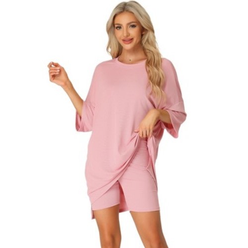 cheibear Women's Knit Loose Fit T-Shirt with Biker Shorts Lounge Pajama Sets Pink Large