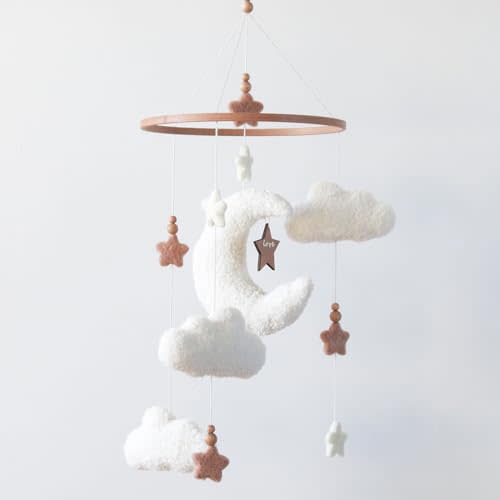 Goukurlsma Cloud Moon Crib Mobile Cloud Baby Mobile for Crib Neutral Boho Clouds and Stars Moon Mobile Boucle Mobile, coffee 3