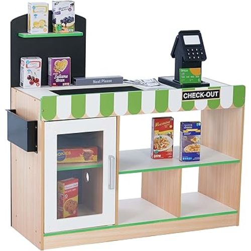 Teamson Kids Cashier Austin Interactive Wooden Play Market Stand with Lights and Sounds, Manual Conveyor Belt, Register and Display Spaces, Green and White Décor on Natural Wood