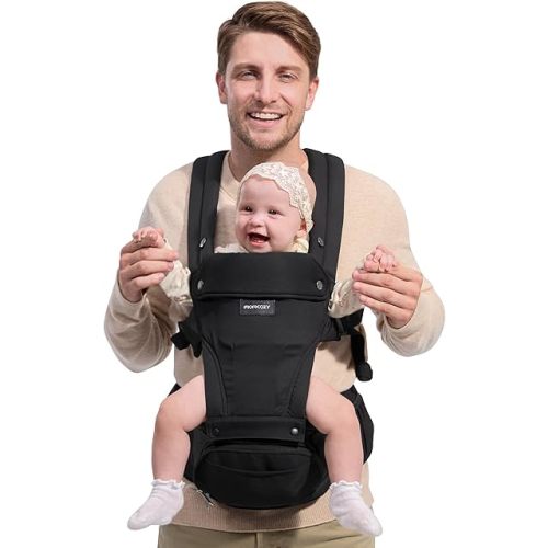Momcozy Baby Carrier with Hip Seat, 2-in-1 Forward-Facing Carry for Active Babies, Detachable Hands-Free Infant Carrier up to 44lbs, All Seasons Toddler Carrier Fits Waist Sizes up to 45 Inches, Black