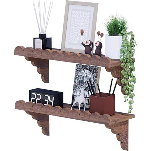 Scalloped Wood Wall Shelf – 17 Inch Floating Shelf with Wood Brackets, Easy to Install Rustic Wall Shelf for Living Room, Bedroom, Bathroom, or Any Space (Brown)