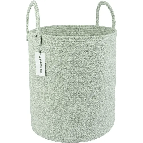 Cotton Rope Laundry Basket Hamper for Clothes Woven Storage Basket for Living Room Bedroom Boho Tall Rope Baskets for Blanket Toys Pillow Towels Baby Nursery Hamper Bin green