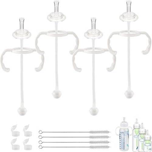 Straw Cup Conversion Kit for Dr Brown Narrow and Narrow Glass Baby Bottles, Weighted Straw Replacement with Soft Straw Top and Handle, for Babies 6+ Months, Set of 4