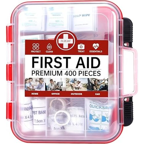 400 Pieces All-Purpose First Aid Kit - Organized Dual-Layer Wall - Professional Medical Kit for Home, Car, Camping, Travel, Office, Outdoor, Business & Sports