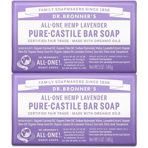 Dr. Bronner's Pure-Castile Bar Soap - Made with Regenerative Certified Organic Oils - For Face, Body, Hair- Gentle on Sensitive Skin - All Natural Soap Bar for Men & Women - Lavender, 2 pack, 32oz
