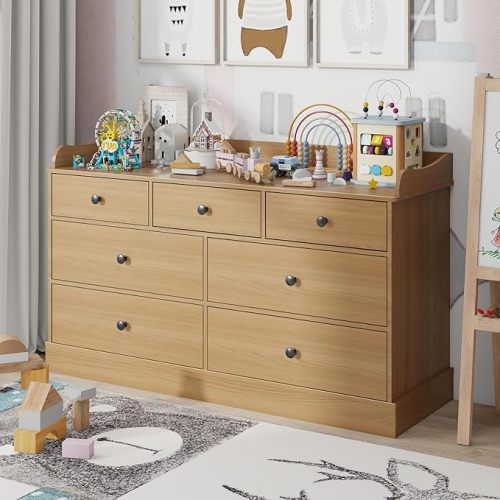 Vabches Kids Dresser Cabinet with 7 Drawers and Large Table Top, White Chest of Drawers, Baby Dresser, Kids Bedroom Furniture, Nightstand for Child’s Room,Oak