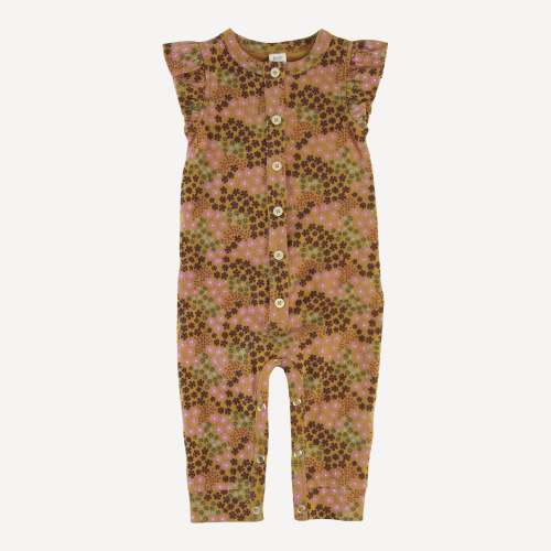 sleeveless ruffle arm button sport jumpsuit | honey mustard daisy ditsy | organic cotton interlock