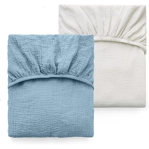 Momcozy Muslin Standard Fitted Crib Sheets, 52"x28", 2 Pack Soft Breathable Natural Cotton Baby Mattress Sheet, 360° Mattress Wrapping No Slip Boys Girls Neutral Toddler Bed Sheet, Grey Blue