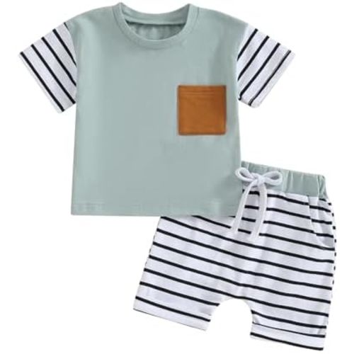 Sejardin Toddler Baby Boy Summer Clothes Plaid Patchwork Short Sleeve T Shirt Tops and Stretch Shorts Infant Boy Outfit